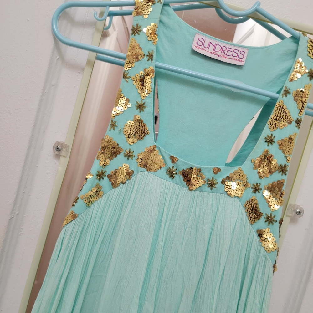Revolve Sundress Brand Agua Green & Gold‎ Sequin Dress. EUC. Coastal Flowy Beach